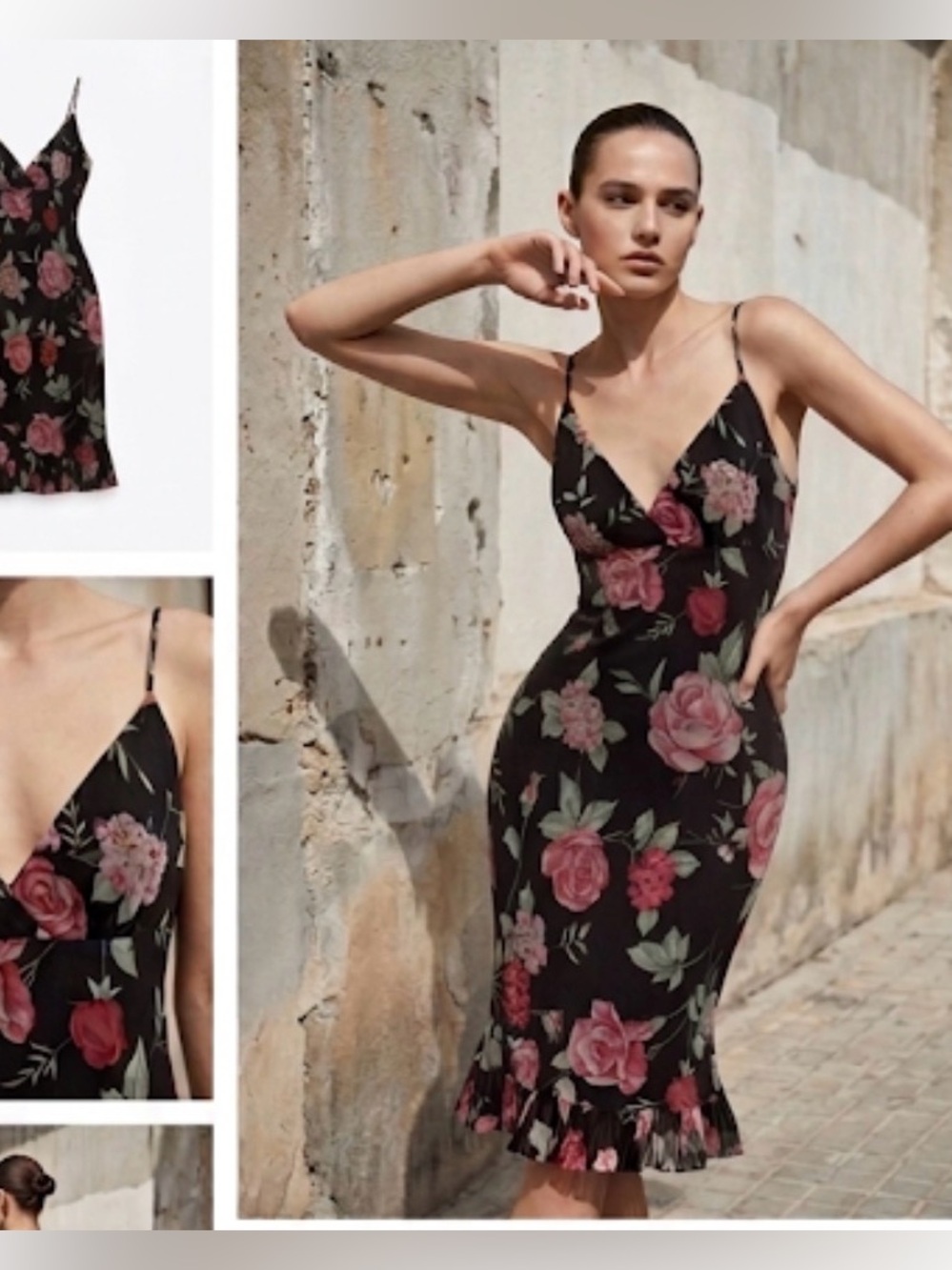 Sense Black Midi Dress with Pink Floral Design (Vintage Silk)